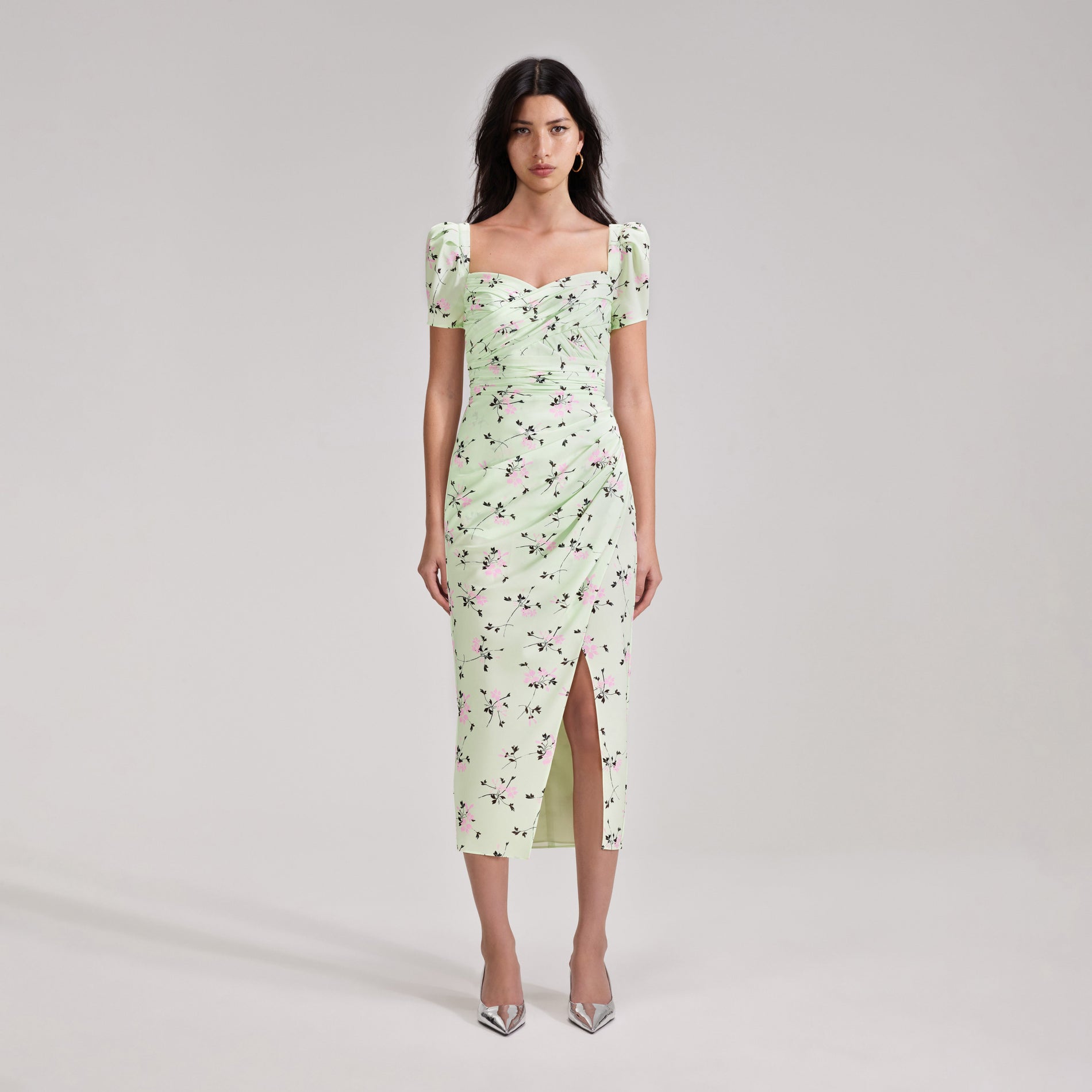 Green Floral Print Midi Dress – self-portrait-US