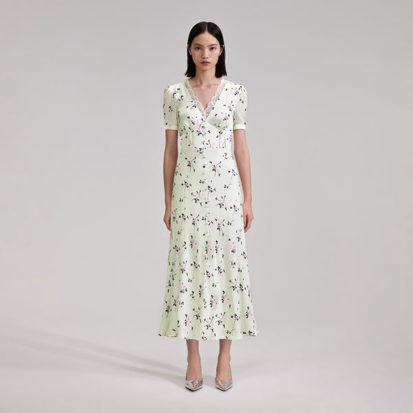 Green Floral Print Lace Detail Midi Dress – self-portrait-US