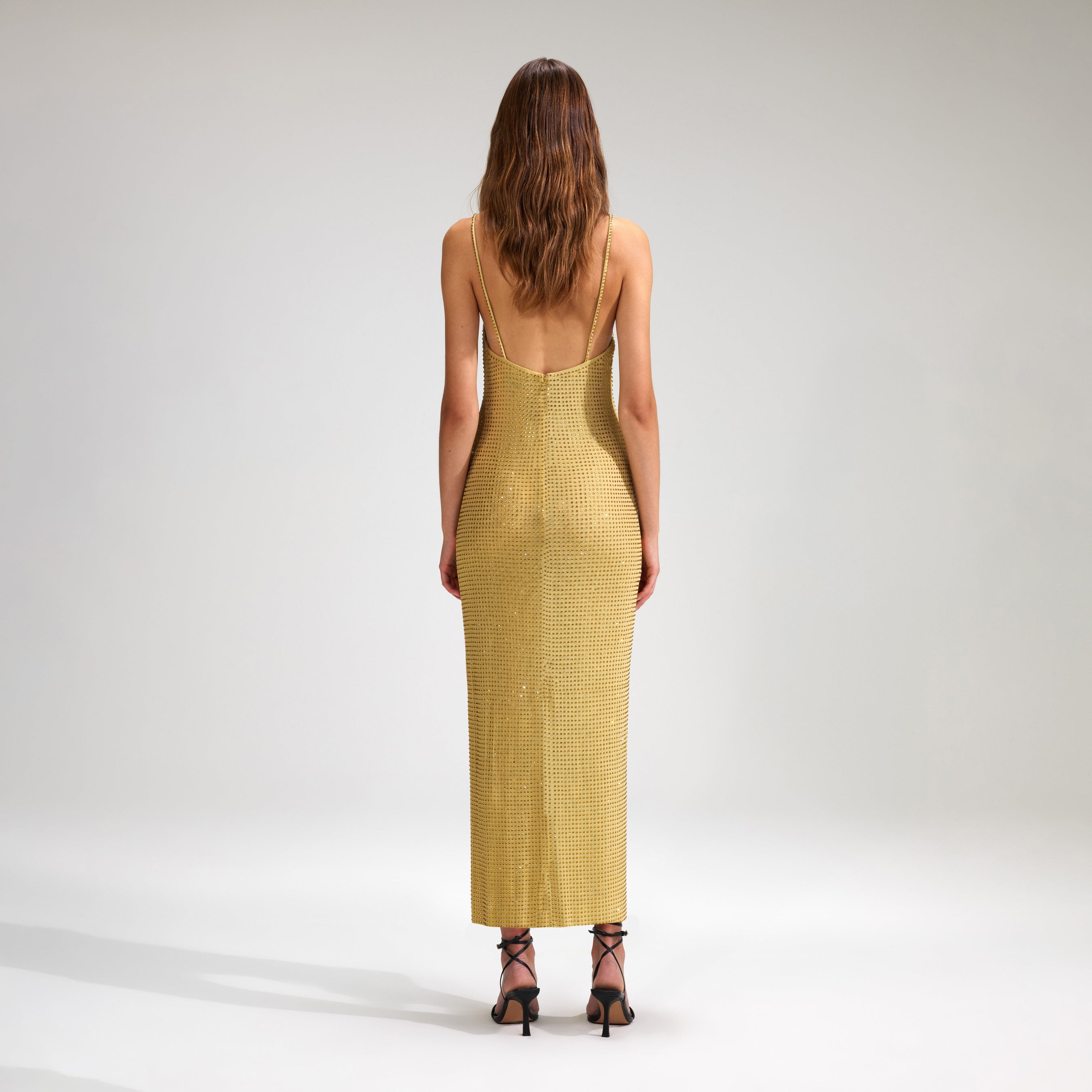 Yellow Rhinestone Mesh Midi Dress
