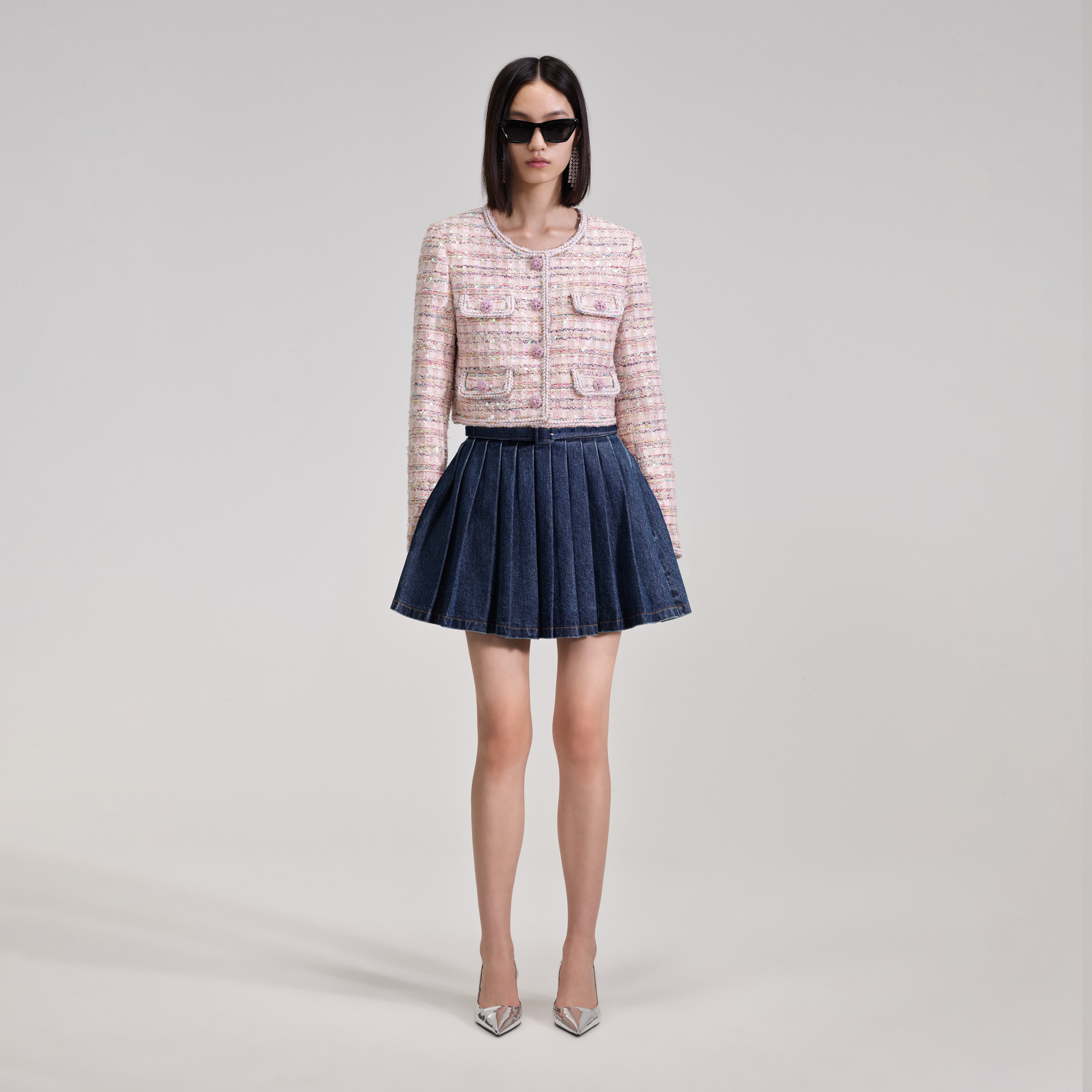 Denim Mini Pleated Skirt Size Waist cm Hip cm Length cm S 64-72 79