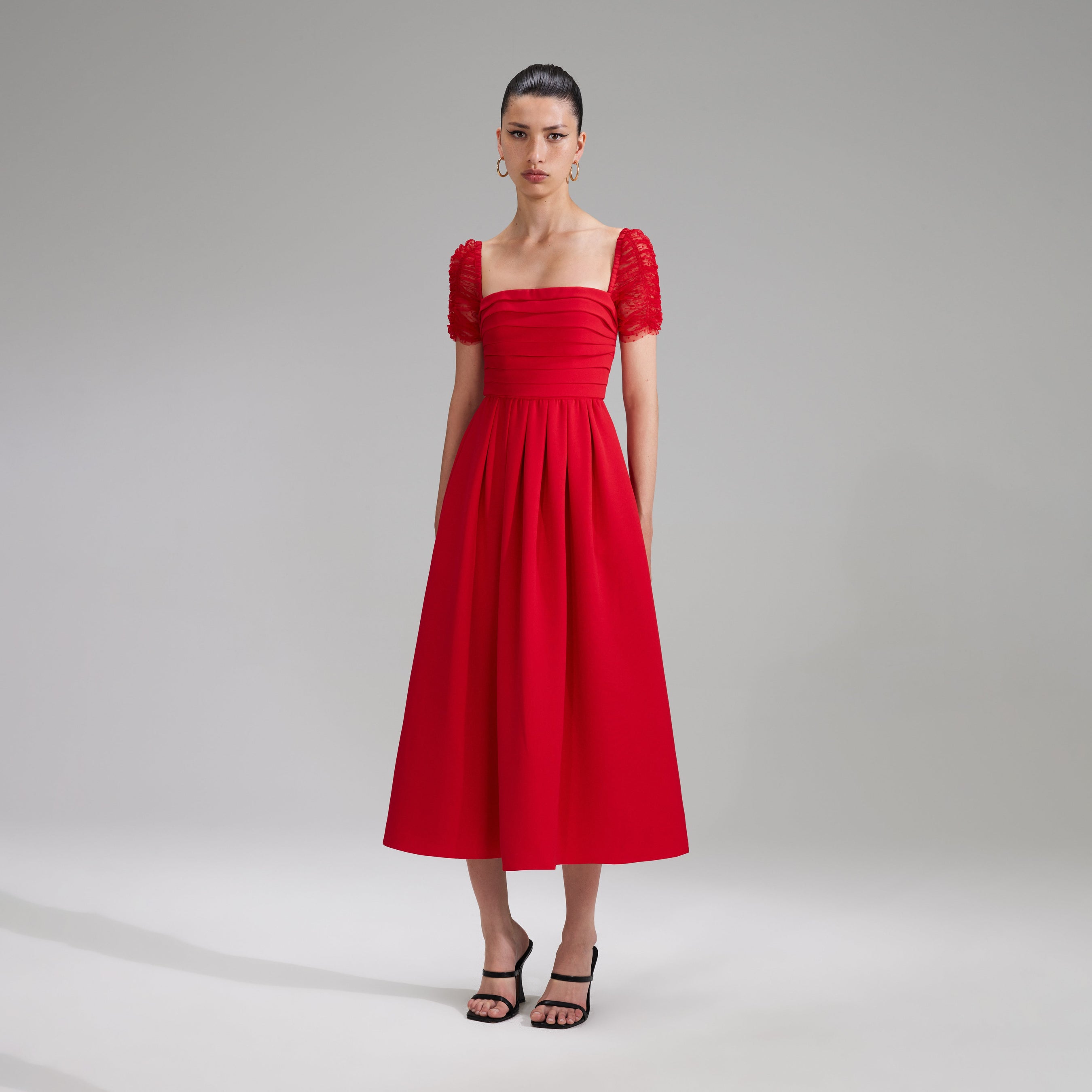 Red Crepe Sleeved Midi Dress