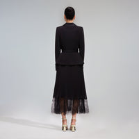 Black Tailored Crepe and Chiffon Midi Dress