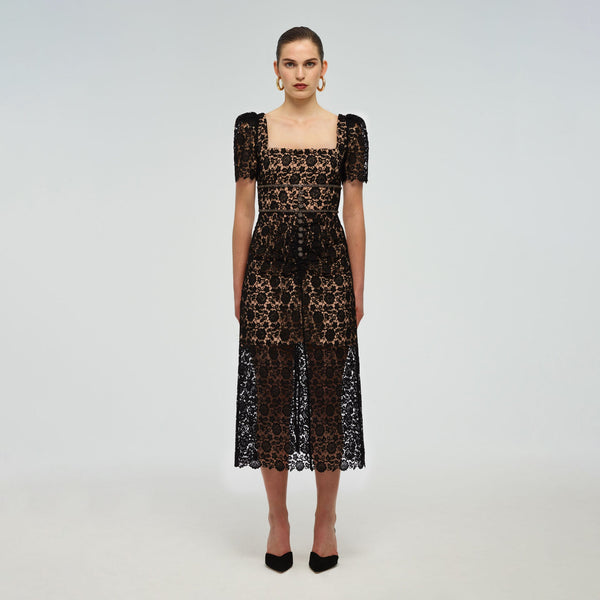 Black Guipure Fitted Midi Dress – self-portrait-US