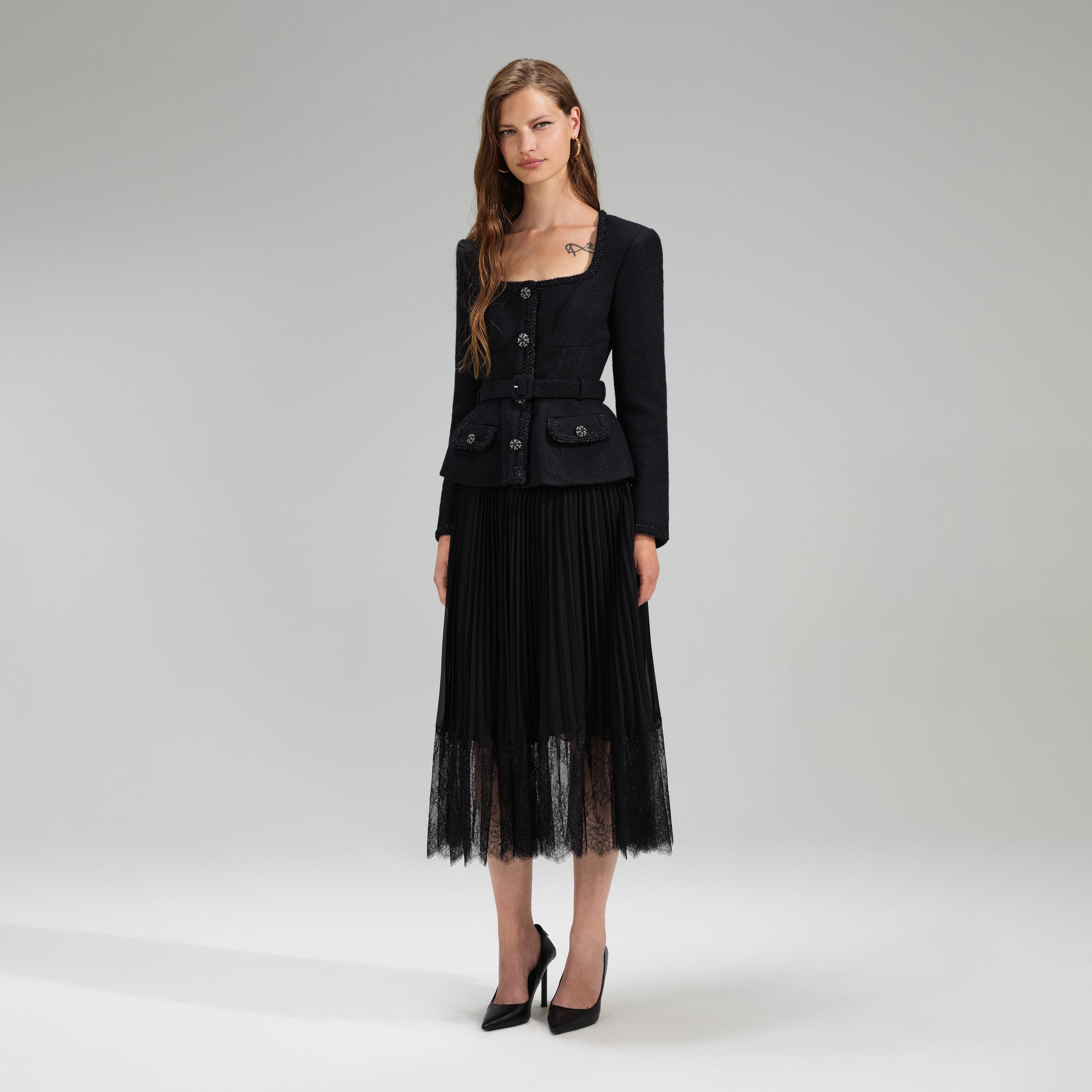 Black Tailored Bodice Midi Dress – self-portrait-US