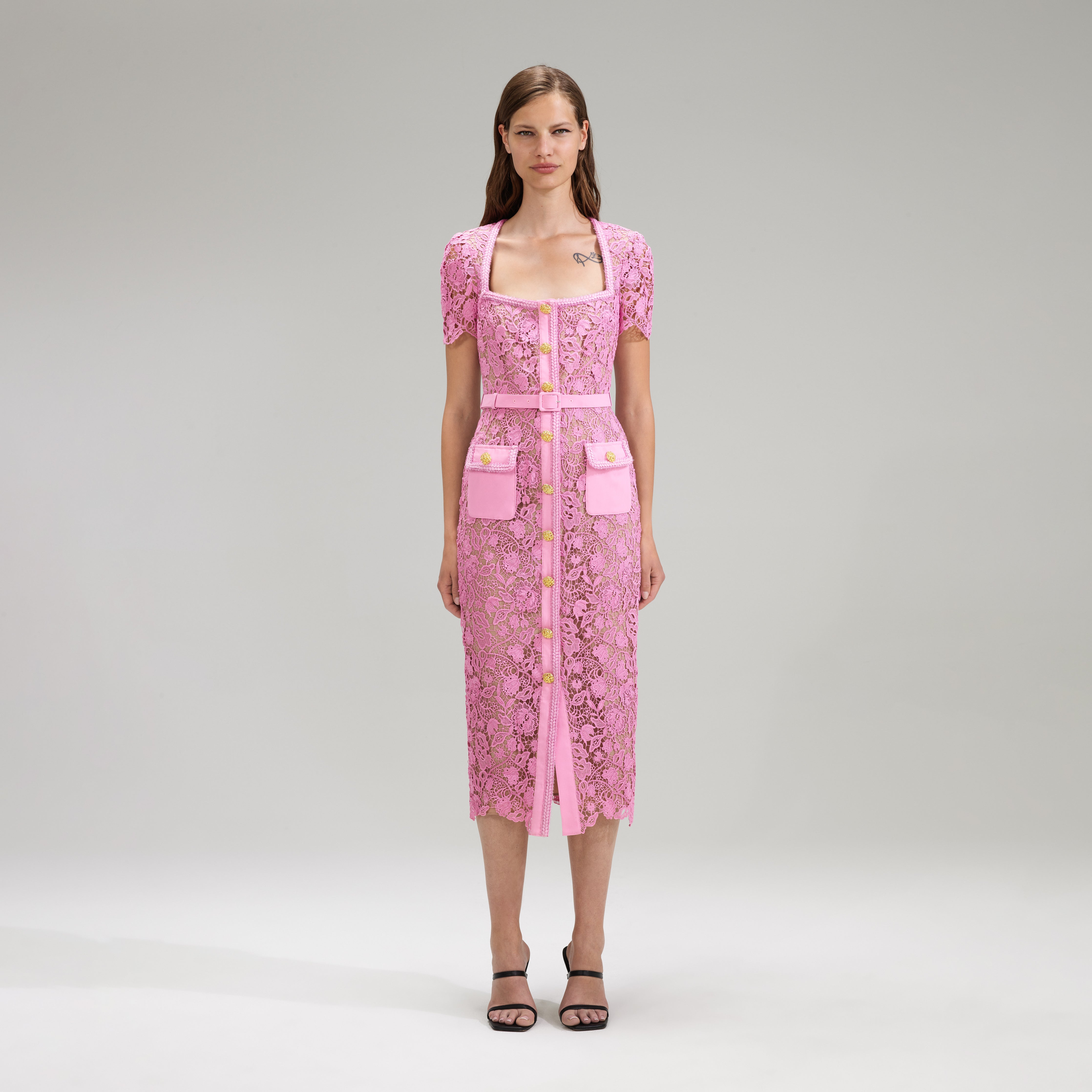 Pink Guipure Lace Midi Dress – self-portrait-US