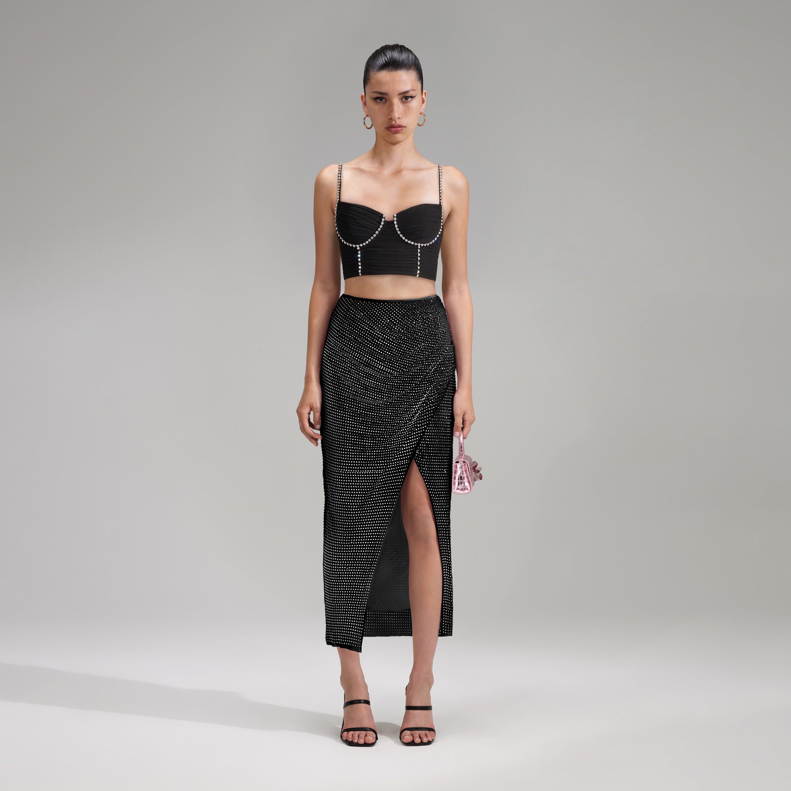 Black Rhinestone Midi Skirt