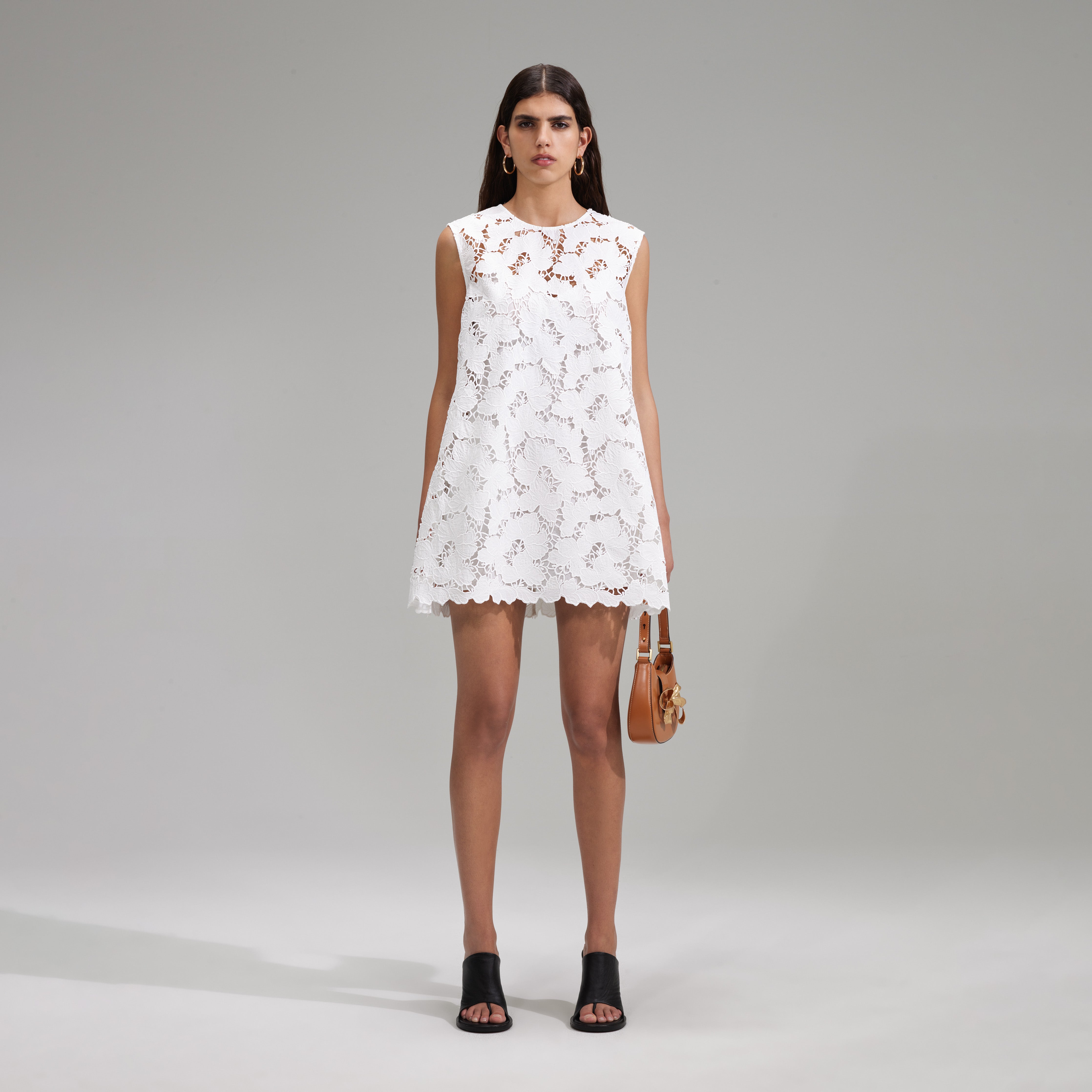 White Cotton Lace Wide Sleeve Mini Dress