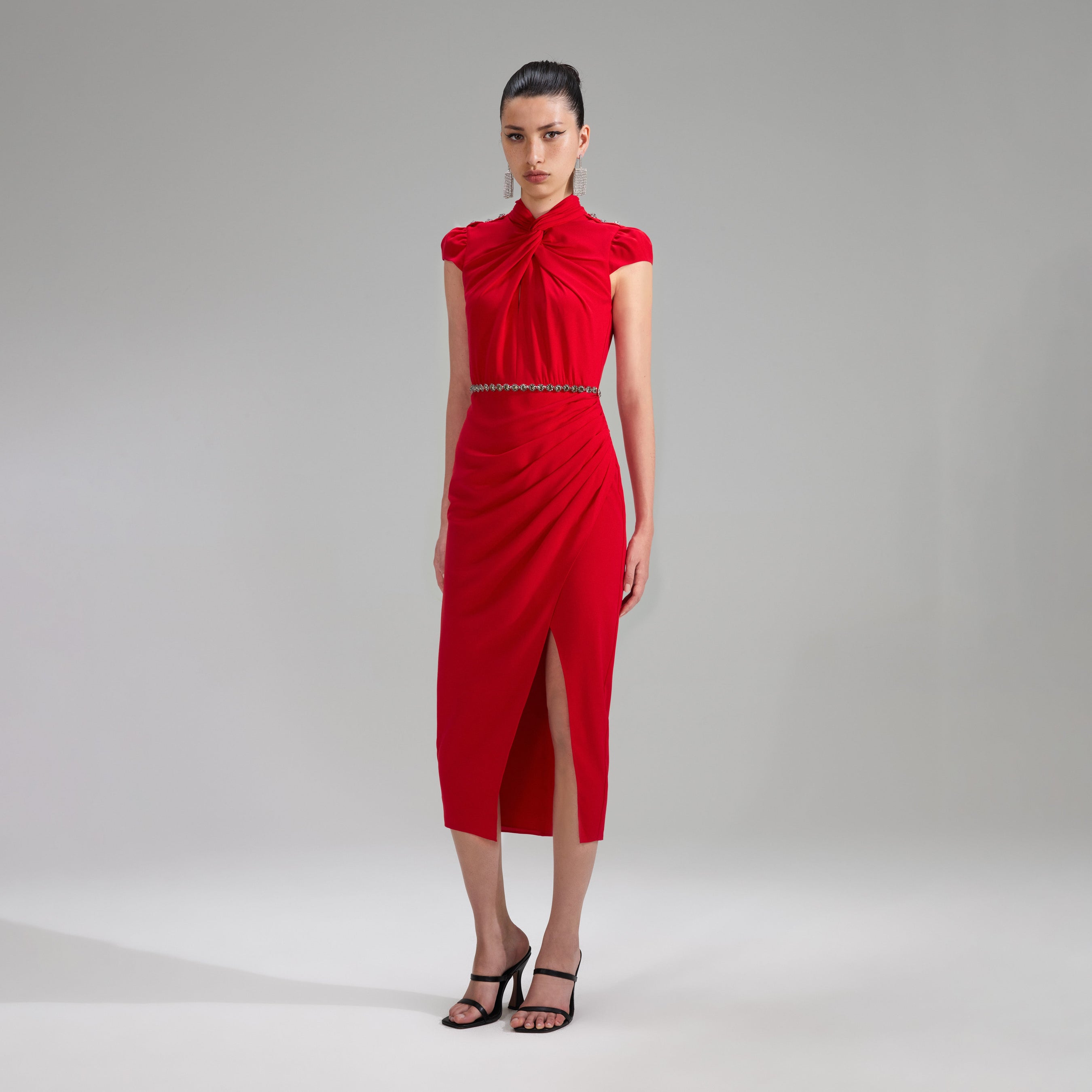 Red Stretch Crepe Ruched Midi Dress