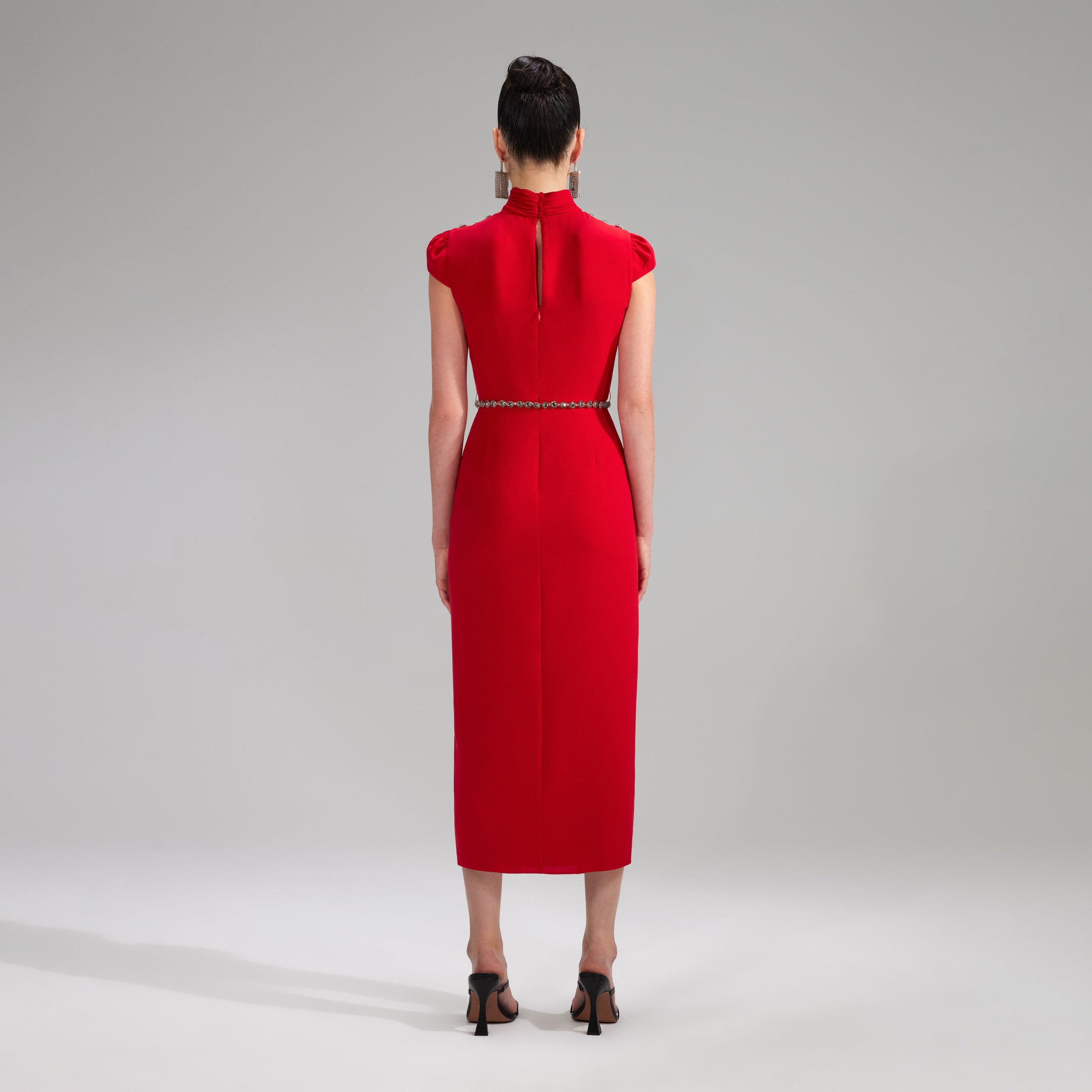 Red Stretch Crepe Ruched Midi Dress