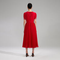 Red Chiffon Midi Dress Lace Detail