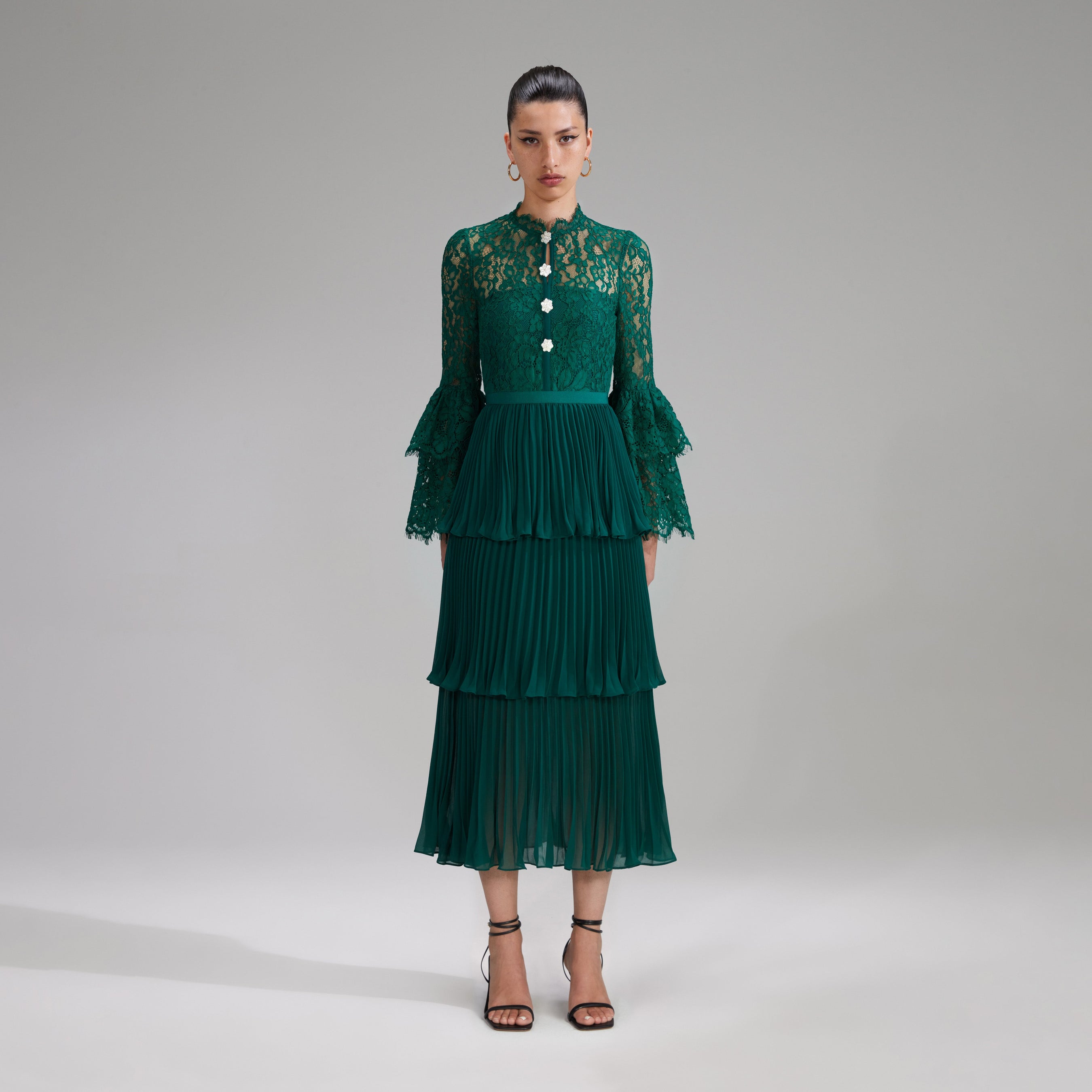 Green Cord Lace Tiered Midi Dress