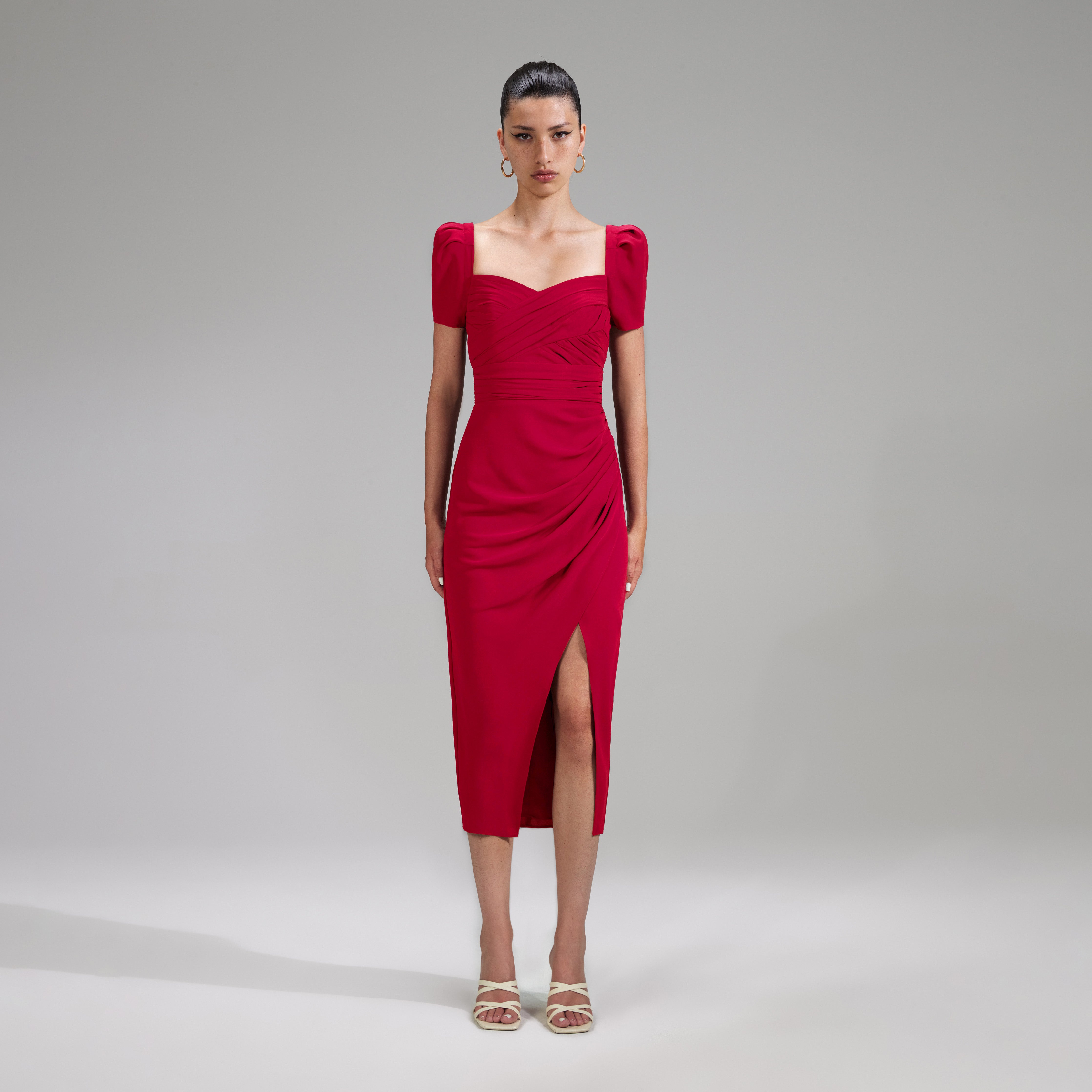Best Behaviour Ruched Bodycon Midi Dress in Red | Oh Polly