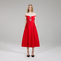 Red Crepe Bow Midi Dress