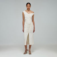 Ivory Jersey Gathered Asymmetric Midi Dress