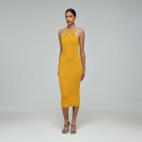 Canary Yellow Inserted Lace Knit Dress