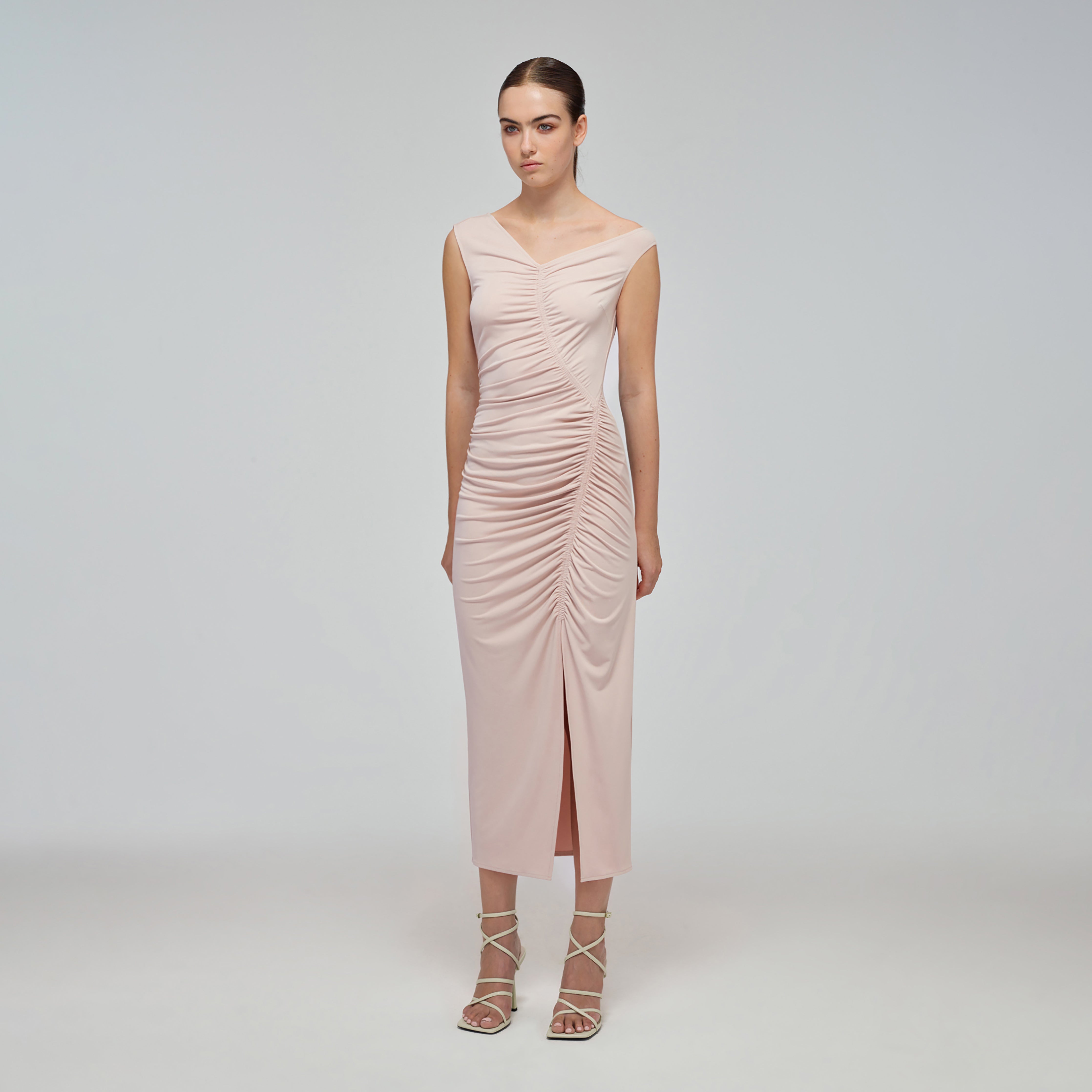 Taupe Jersey Gathered Asymmetric Midi Dress – self-portrait-US