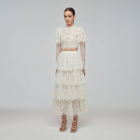 Ivory Corded Lace Tiered Midi Skirt