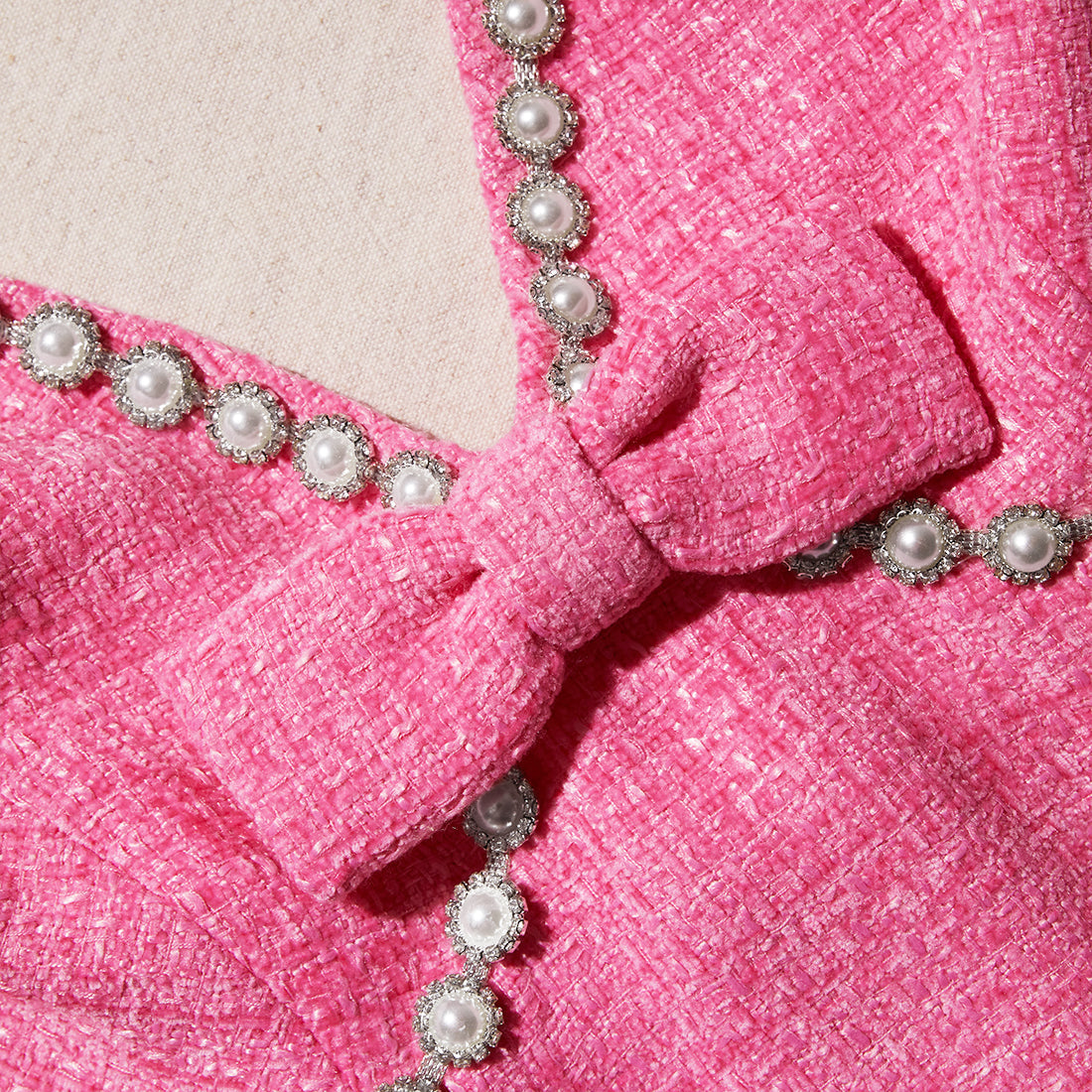 Pink Boucle V Neck Mini Dress