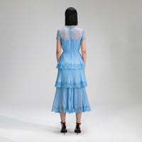 Blue Chiffon Tiered V Neck Midi Dress