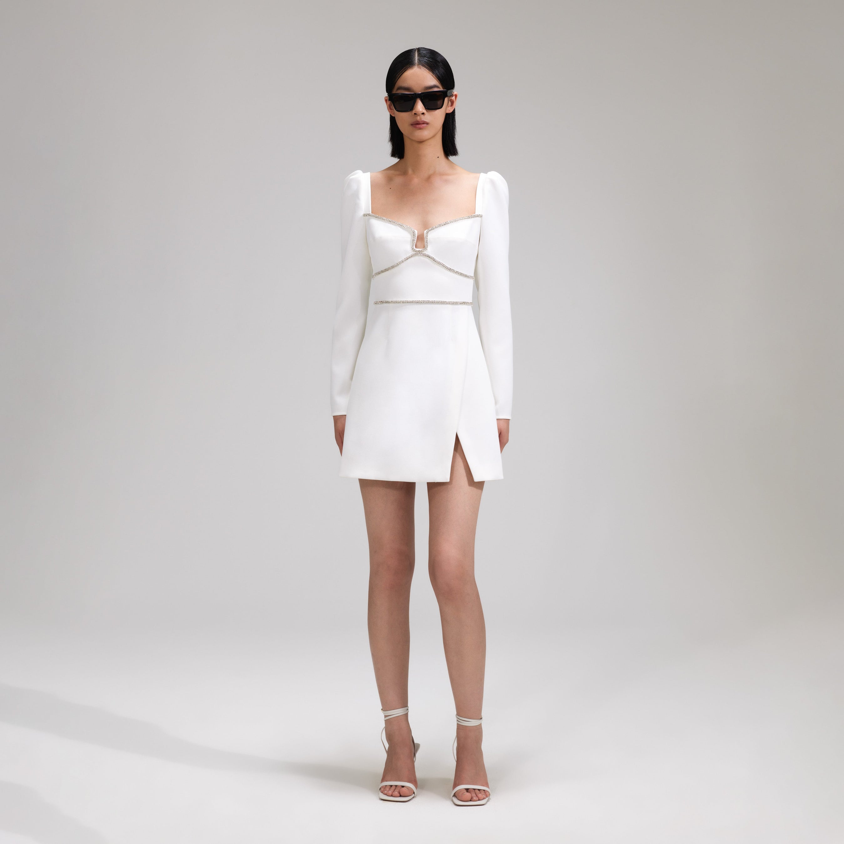 White Crepe Rhinestone Detail Mini Dress – self-portrait-US