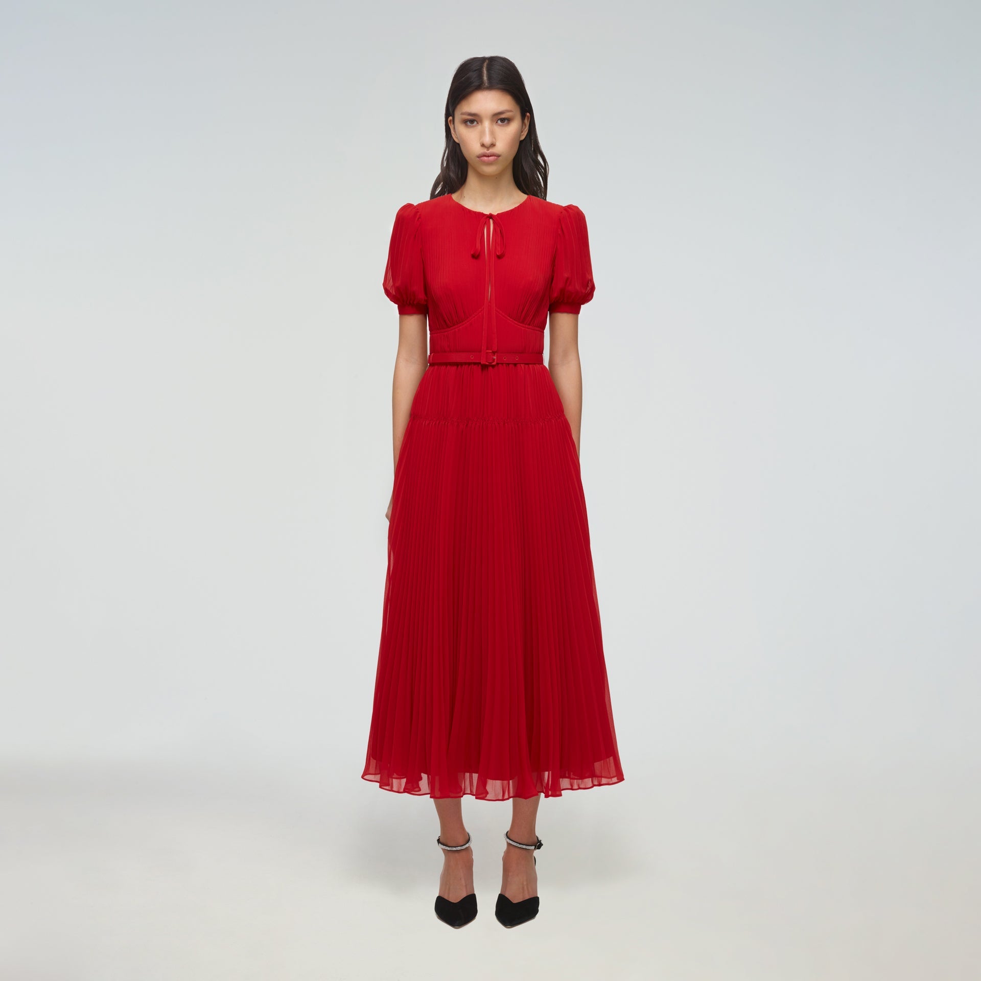 Red Chiffon Midi Dress – self-portrait-US