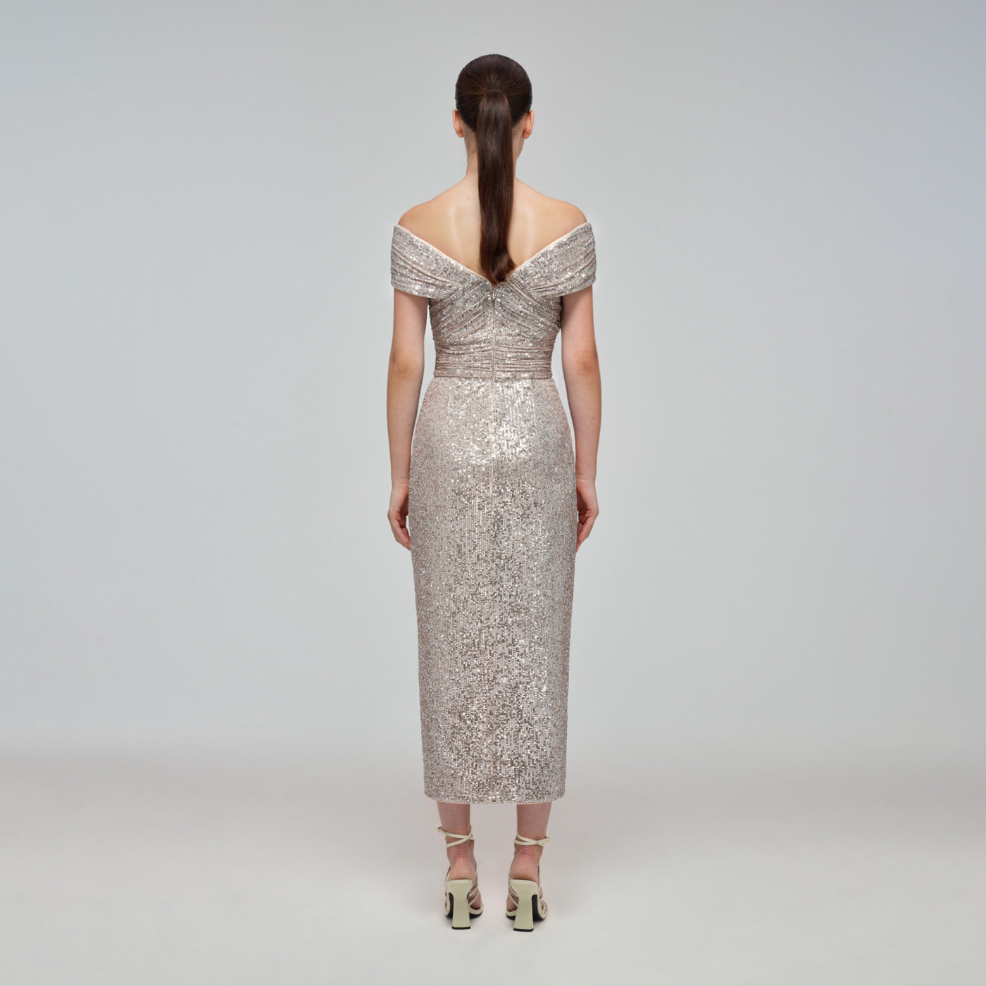 Sequin Off Shoulder Wrap Midi Dress – self-portrait-US