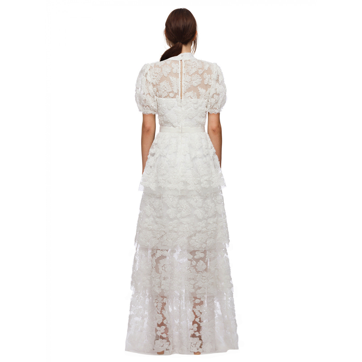A woman wearing the Ribbon Lace Tiered Maxi Dress